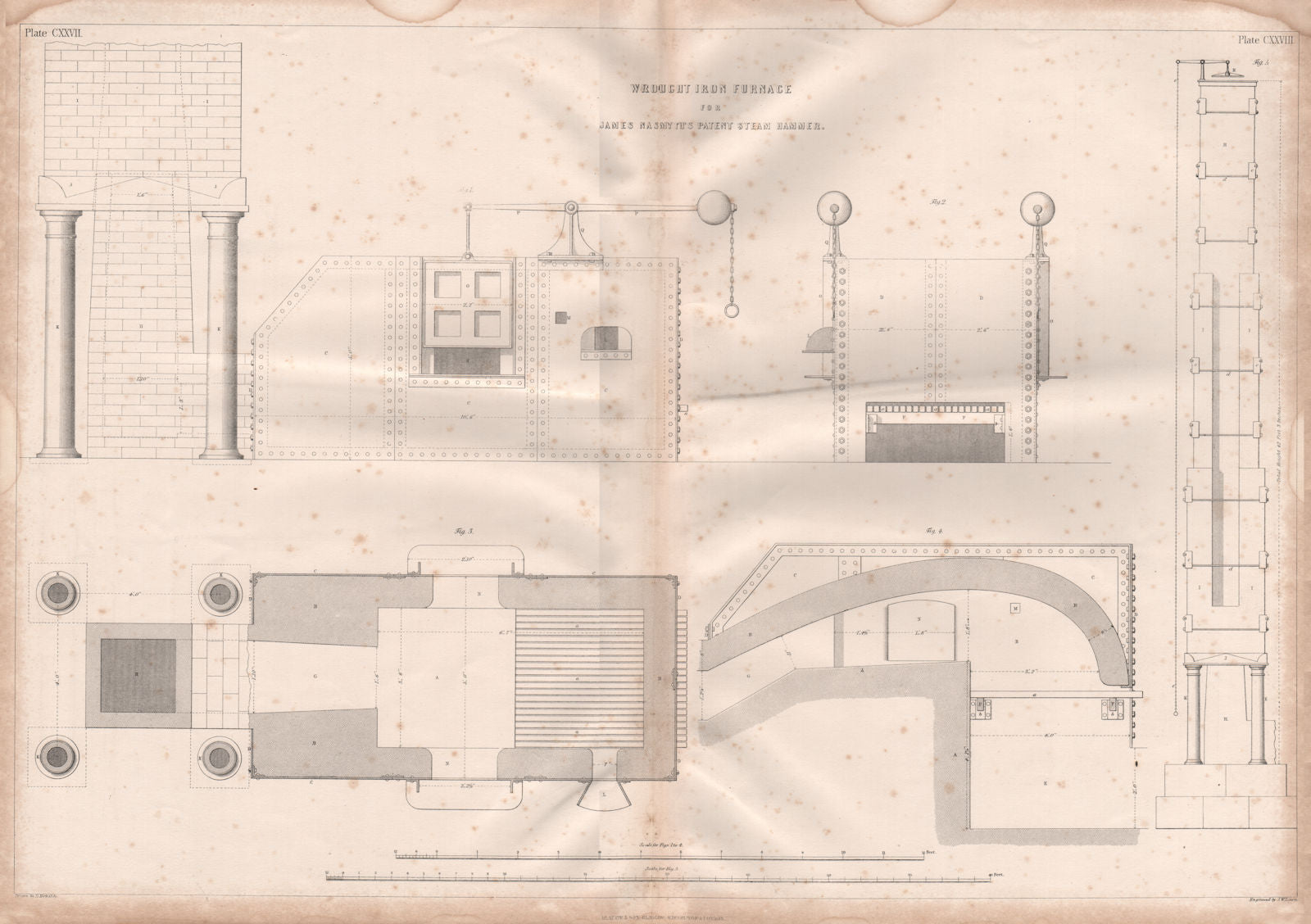 19C ENGINEERING DRAWING Wrought iron furnace. Nasmyth's patent steam hammer 1847